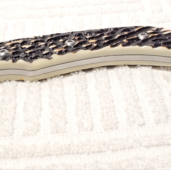 Ozark Trail One Stainless Steel Blade Knife Black White Bone Handle Metal Case - Picture 4 of 10